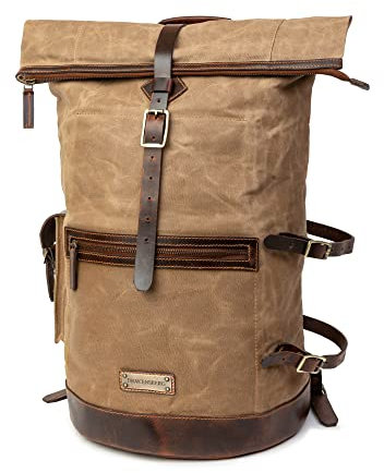 DRAKENSBERG Großer Reise Rucksack 'Dale' aus gewachstem Canvas mit Leder, wasserabweisend - Vintage-Design, bis 60L - Khaki-Sand, DR00605