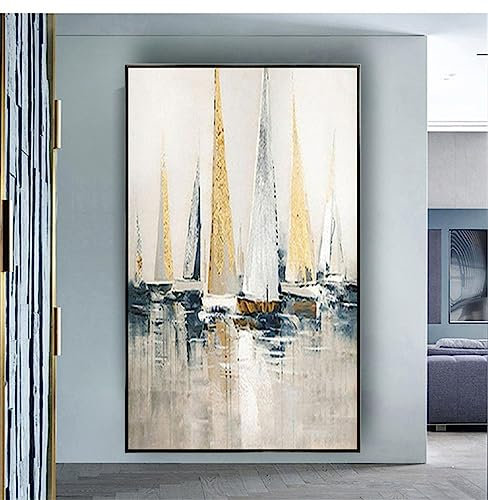 Wandkunst auf Leinwand, abstrakte Meereslandschaft, Ölgemälde, Sonnenaufgang, Segelschiff, Wandkunst, Landschaft, Leinwandbilder, Dekor, Wandbild, 100 x 175 cm/39 x 69 Zoll, mit schwarzem Rahmen
