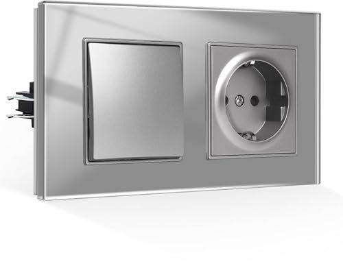 CNBINGO Interruptor de luz de cristal con enchufe Schuko, empotrable, cristal templado, enchufe con abrazadera de enchufe, 1 vía, color gris