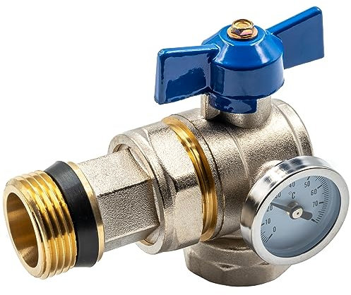 Schwerer 1-Zoll-Winkelkugelhahn mit Verschraubung und Thermometer, blauer Flügelgriff