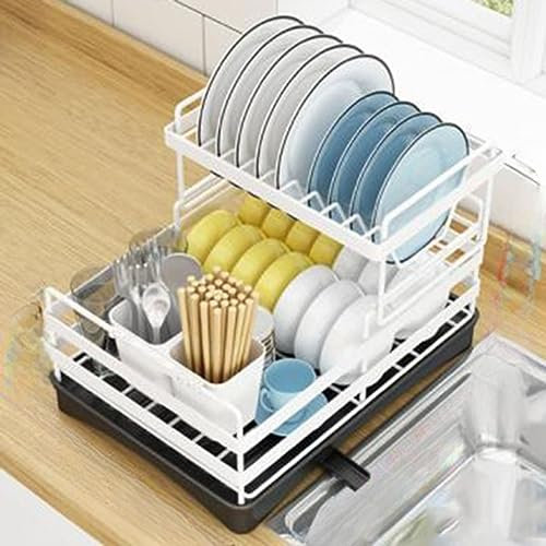 PRUJOY Estante de Drenaje de Cocina, Estante de Almacenamiento para Fregadero de vajilla doméstica de encimera, Bandeja de Agua Tipo desvío de 360°, Almacenamiento clasificado (White)
