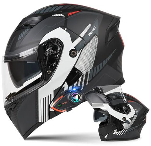 Motorradhelm mit Bluetooth Klapphelm Doppelvisier Modularer Helm ECE Zertifiziert Integralhelm mit Mikrofon für Automatische Reaktion Intercom Sturzhelm für Erwachsene Damen Herren