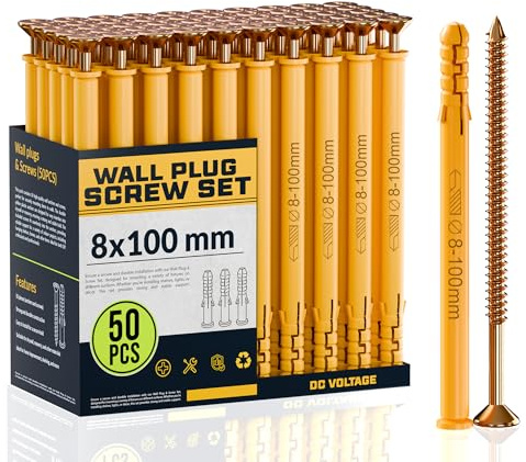 DC VOLTAGE 50pcs Wall Plugs and Screws Set 8 x 100 mm Anchor Bolts for Masonry Brick Concrete Heavy Duty Brick Concrete Fixings Plugs Self tapping Screw