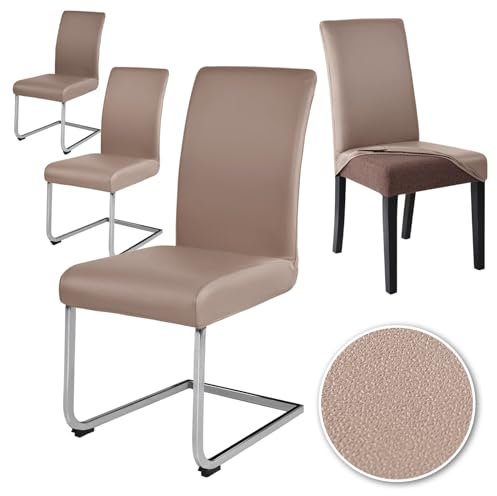 Alishomtll Stretch PU Stuhlhussen 4er Set Kunstleder Stuhlbezug Schwingstuhl wasserdicht Elastische Esszimmer Universell Waschbarer Stuhlbezüge für Küche Restaurant Hotel Hochzeit (Khaki, 4 Stück)