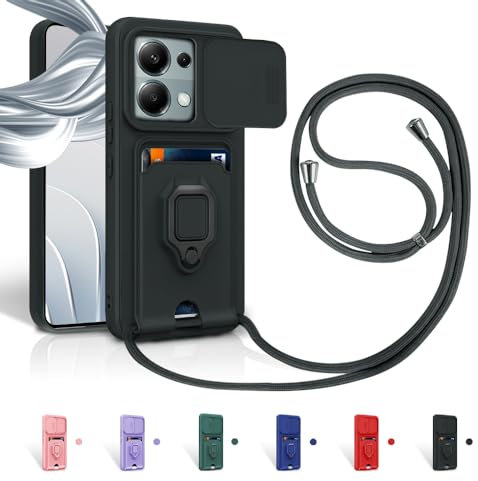Aithne Cordon de Coque pour Xiaomi Redmi Note 13 Pro 5G/Poco X6 5G,Couvercle Coulissant de la Caméra+Support Annulaire à 360 Degrés,Fentes pour Cartes Lanyard Silicone Case -Noir