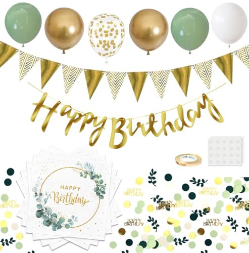 Goldenland 40 Stück Happy Birthday Servietten Eukalyptus Grün + 20 pcs Luftballons + Happy Birthday Girlande + Konfetti, Tisch Dekorationen Papier servietten geburtstag Napkins für Geburtstag Party