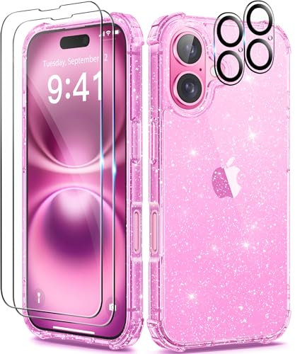 BERFY Compatible with iPhone 16 Case Glitter, [5 in 1] with 2X Screen Protector + 2X Camera Lens Protector, [Non-Yellowing] Clear Sparkle Slim Shockproof Hard Phone Cover for Women 6.1, Shiny Purple