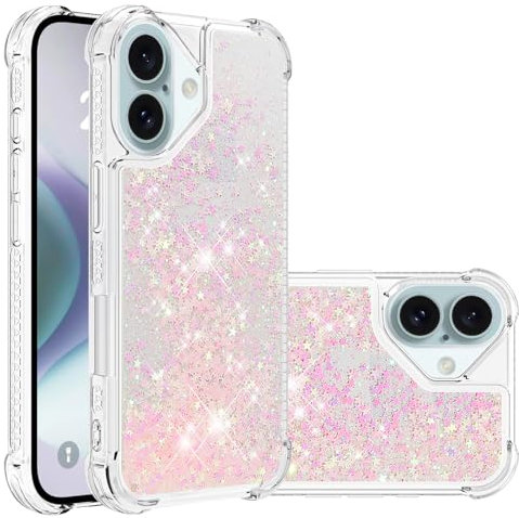 IMEIKONST Glitzer Hülle für iPhone 16 Handyhülle Flüssig Treibsand Schuzhülle Bling Giltter klar für Frauen Stoßfest TPU Bumper Silikon Case für iPhone 16. Star Pink YBW