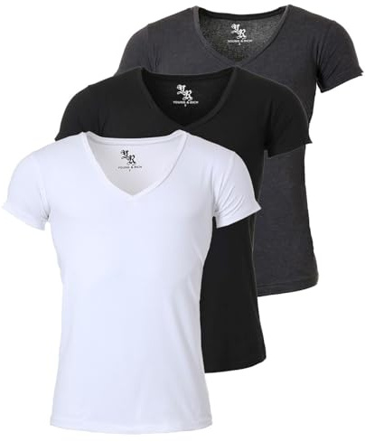 Young & Rich Herren Uni T-Shirt mit extra tiefem V-Ausschnitt Slimfit Stretch Dehnbare Passform einfarbiges Basic Shirt - 3er Pack, Grösse:XL, Farbe:Weiß/Schwarz/Dunkelgrau