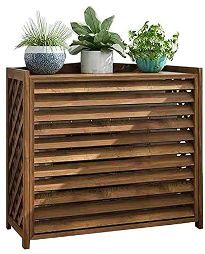 Wooden Outdoor Air Conditioner Cover with Louvered Window Mount Frame Water Resistant Flower Stand Protective Grilles and Fence Screen