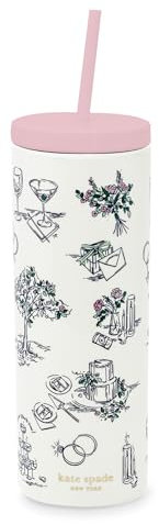 Kate Spade New York Acrylic Tumbler, 24 oz, Slim Double Wall Tumbler with Lid and Straw (Bridal Toile)