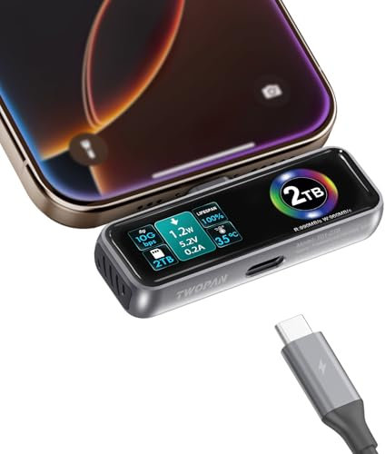 TWOPAN Magnetic Portable iPhone SSD for ProRes 4K 60fps Video Recording, 2TB External Super Storage for iPhone 15/16 Pro/Pro Max,iMac/MacBook, LCD Display, USB-C PD 3.0 Port, Built-in Cooling Fan