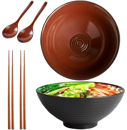 HIKENRI 1200ml Ramen Bowl,NoodleBowl,RamenBowl Set of 2(RamenBowl with Ramen Spoons,Chopsticks),Ceramic Bowl for PastaBowl,Snack,Soup,SaladBowl,Cereal Food,LargeBowl(Dark Red)