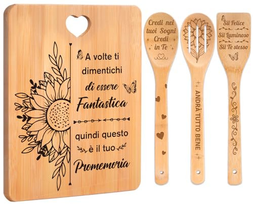 Regalo Donna - Tagliere di Bambù Set Ispiratore Con Incisione a Forma di Girasole, Idee Regalo Natale 2025, Regali Positiva per Donna | Migliori | Amica | Colleghe | Adolescenti | Compleanno.