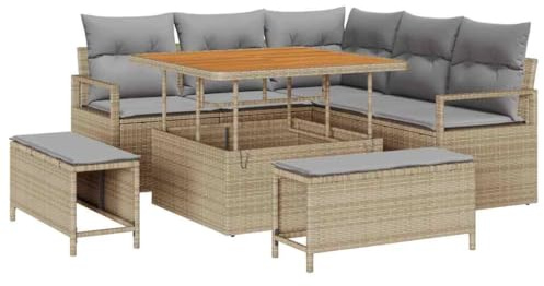 vidaXL 8-teiliges Garten-Sofaset mit Kissen in Beige – Poly Rattan Sitzmöbel für Balkon, Terrasse, Patio und modernes Lounge-Design
