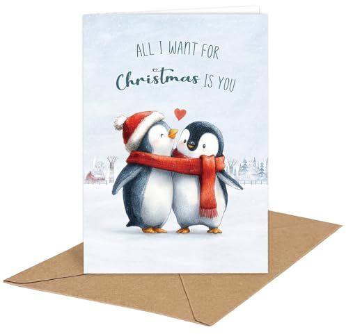 Happirra Weihnachtskarten - All I want for Christmas is You, Pinguin Weihnachtskarte Lustig Liebe für Freund Freundin Mann Frau, Merry Christmas Karte Mit Umschlag