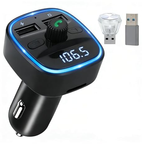 Bluetooth 5.3 FM Transmitter Auto, Bluetooth Adapter Auto, KFZ Adapter mit 2 USB-Ladeports, FM Transmitter, Musik-Player für Zigarettenanzünder mit Freisprechen, Unterstützen BT, SD-Karte