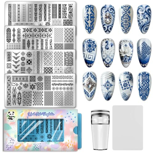 PH PandaHall 4pcs Plaque de Tampon à Ongles à Motifs de Style Chinois Modèle D'Art D'Ongle à Longue Bande Rétro Motifs Floraux Pochoirs à Ongles Bordures Traditionnelles pour Femmes Manucure Décor