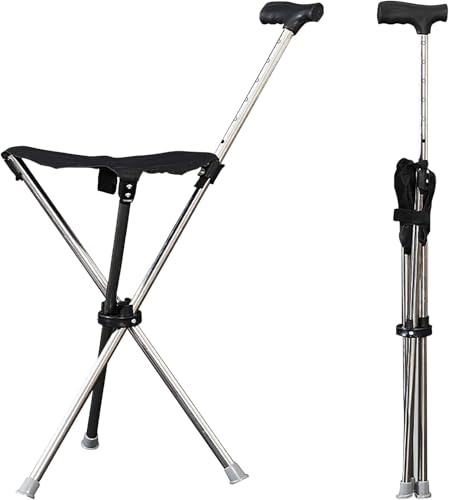 Btstil Gehstock mit Sitz, Spazierstock mit Sitz 80-90cm Höhenverstellbar, Klappbarer Gehstock mit Sitz für 140-190 cm Senioren, Outdoor-Reisen, Camping, Tragkraft 150kg