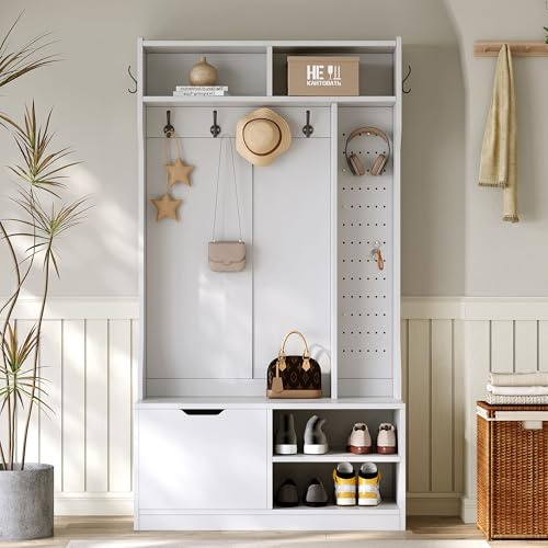 HAUSPROFI Flurgarderoben Set Garderobe Set, Flur Garderoben Komplettprogramme mit Schuhschrank Sitzbank, Wandgarderobe mit Kleiderhaken, Schlafzimmer Garderobenset (Weiß, 185.5x100x40cm)
