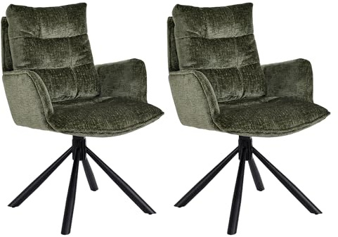 Duhome 2er Set Esszimmerstuhl mit Armlehnen Schminktischstuhl aus Chenille 360° Drehbar Automatische Rückstellfunktion Sessel für Schlafzimmer Wohnzimmer Büro, Grün