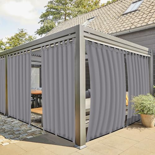 2 Stücke Outdoor Vorhang Wetterfest mit Klett-Schlaufen, Outdoorvorhänge Balkon Vorhang Terrasse Vorhänge Gardinen Sonnenschutz & Sichtschutz Vorhänge mit Schlaufen Unten, H200 x B155 cm, Grau