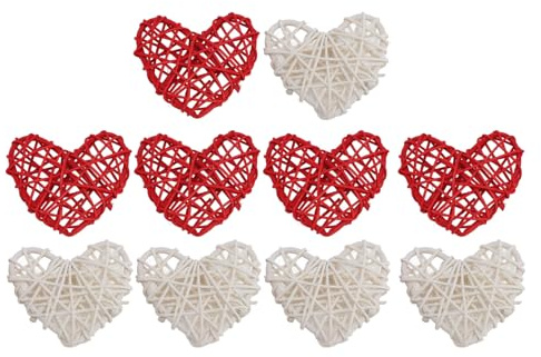 ANKROYU Herzförmige Rattan-Kugeln, dekoratives Set, 10 Stück, handgefertigte Weidengeflecht-Herzdekorationen für Zuhause, Party, Hochzeit, Dekoration, rot, weiß, Vasenfüller, Baste
