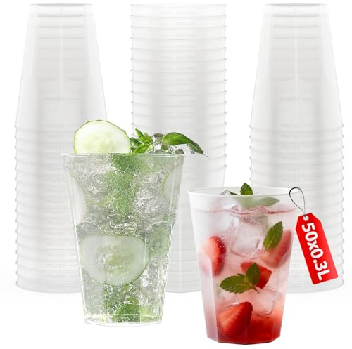 AOLUXLM 50 Plastic Cups Set 300 ml/10.56oz Premium Clear Hard Drinking Cup, Reusable Party Cups, Dishwasher Safe, Tumblers for Drinks, Dessert, Wedding, Birthdays, Party, New Year, Christmas