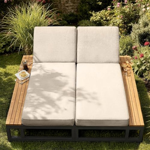 Sweiko Fauteuil inclinable d'extérieur, canapé-lit Multifonctionnel imperméable, Fauteuil inclinable avec Tablette de Rangement, Chaise Longue de Patio, Angle du Dossier réglable (Beige, 2 Seat)