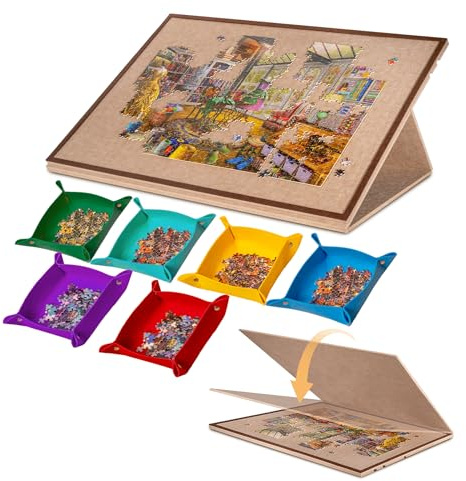 Jigpal Kippbares Puzzlebrett mit 2-in-1-Ständer und Abdeckung, Leichter Filz-Puzzleaufbewahrungstisch mit 3-Fach verstellbarem Winkel, 6 Puzzlesortierfächern für Puzzlespiele mit bis zu 1500 Teilen
