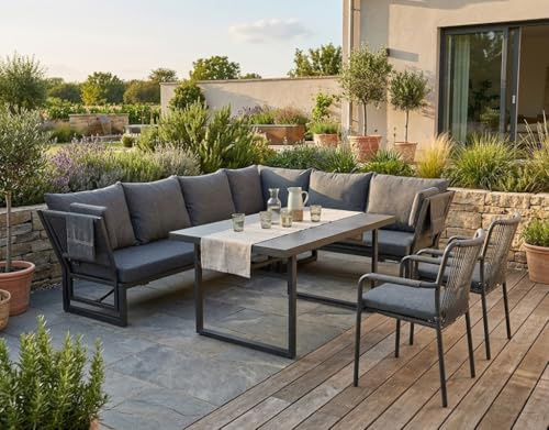 Gardissimo San Remo XL Anthrazit Dining Lounge 3 in 1 Flexibel Stellbar mit Ecksofa mit Zwei Sesseln, Kopfteile Verstellbar, Esstisch & Kissen, Wetterfest bis 7 Personen, Bezüge Waschbar, Rope