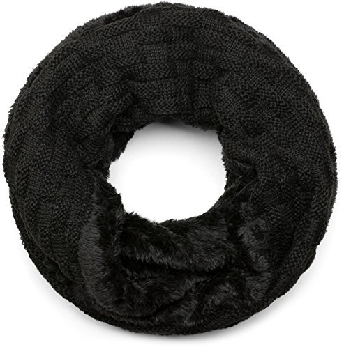 styleBREAKER warmer Feinstrick Loop Schal mit Flecht Muster und sehr weichem Fleece Innenfutter, Schlauchschal, Unisex 01018150, Farbe:Schwarz