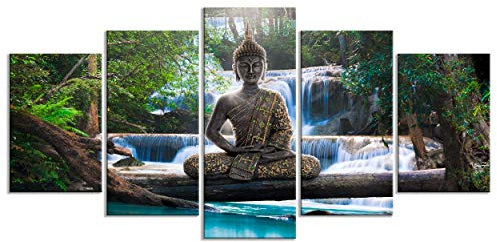 decomonkey - Impression sur Toile Bouddha 200x100 5 Pièces - Tableau Décoration Appartement Déco Salon Peinture sur Toile Bouddha orienter cascade arbres forêt nature rivière paysage