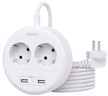 3m Steckdosenleiste mit USB und Überspannschutz, NTONPOWER Mehrfachsteckdose Wandmontage EU Stecker mit Langes Verlängerungskabel für Büro, Schlafzimmer, Reise- Weiß(MEHRWEG)