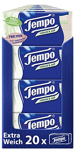 Tempo natural & soft Taschentücher - Megapack - 20 Packungen mit je 12 Päckchen x 9 Tüchern - natürliche, extra weiche Papiertaschentücher, waschmaschinenfest