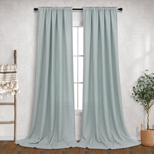 Mintgrüne Vorhänge, 274 cm lang für Wohnzimmer, 2 Paneele, Stangentaschenvorhänge, lichtfilterend, halbtransparent, Leinen, blaugrün, grau, Vorhänge für Terrasse, Schiebetür, Meeresschaum, 2.4 m