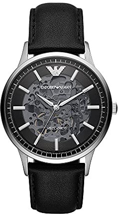 Emporio Armani Herrenuhr , Automatikuhrwerk, 43mm Silbernes Edelstahlgehäuse mit Lederarmband, AR60038