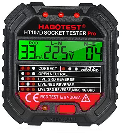 Socket Tester Hancaner Steckdosentester mit RCD-Prüfung und LCD-Voltage-Display 90~250V/45~65Hz fi tester Automatischer Stromkreis-Polaritäts-Spannungsdetektor-Unterbrecher-Sucher HT107D