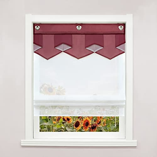 Delien Raffrollo mit Hakenaufhängung ohne Bohren Transparente Ösenrollo Doppelschichtige Raffgardine »Pfeil« Moderne Rollos Wohnzimmer Fenster Gardine 1 St. BxH 80x140cm,Weinrot