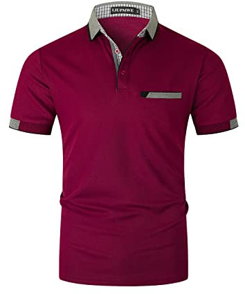 LIUPMWE Men's Short Sleeve Polo Shirts with Pocket Contrasting Colors Golf T-Shirt Tops,L,Red-YT24