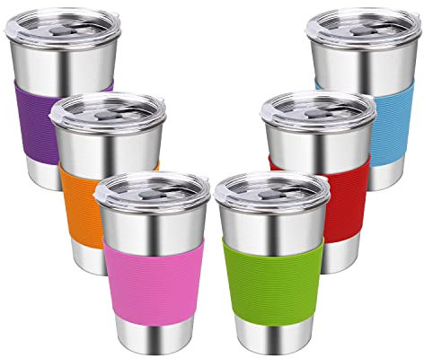 Rommeka Water Tumbler with Lids, 6 Pack Stainless Steel Spill Proof Reusable Stacking 16oz Drinking Cups with Lids for Kids and Adults