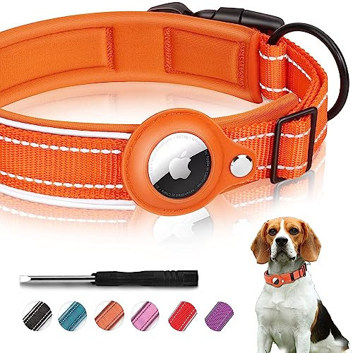 mouyou Airtag Hundehalsband,Airtag Halsband Nylon Gepolstertes[Breit],Reflektierend Airtag Hund Verstellbares für große/mittelgroße/kleine Hunde(S, Orange)