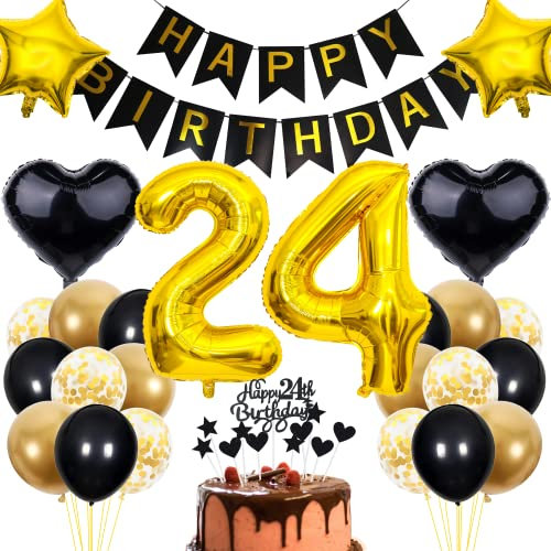 Cnrose 24. Geburtstag Dekoration,Schwarz Tortendeko Geburtstag 24 Jahre Mann,Party Deko Gold Schwarz,24 Geburtstag Männer Frau,Tortendeko 24. Geburtstag Frauen,Geburtstagsdeko 24 Jahre Mann