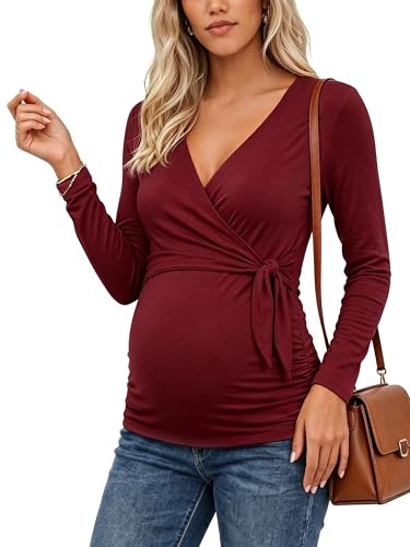 Love2Mi Maglietta da allattamento da donna, a maniche corte, con scollo a V, per donne, Rosso vinaccia-lungo, M