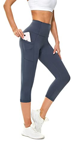 Buepeara Sport Leggings Damen Sporthose mit Taschen, High Waist Tights Laufhose Fitnesshose Für Sport & Alltag -5183-02 3/4 (Blau)/L