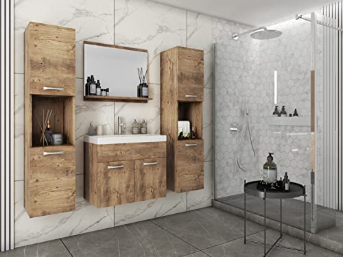 MINIO go for it - Ensemble de Meubles de Salle de Bain 4 Pièces Monal I Élément Mural I Miroir avec Étagère I Meuble avec Lavabo I Panneau de Particules Stratifié I châtaigne de Wroclaw