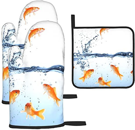 Hitzebeständige Ofenhandschuhe und Topflappen, 3er-Set, Fisch im Wasser, bedruckt, rutschfeste, wasserdichte Ofenhandschuhe zum Backen, Kochen, Grillen