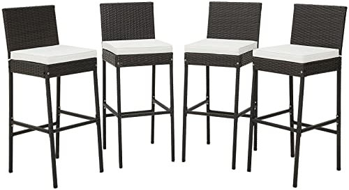 KOMFOTTEU Rattan Barhocker, Barstuhl Bistrohocker mit Kissen & Rückenlehnen, Tresenhocker mit Fußstütze, Bistrohocker bis 180 kg belastbar für Balkon Garten Terrasse (4 Stück)