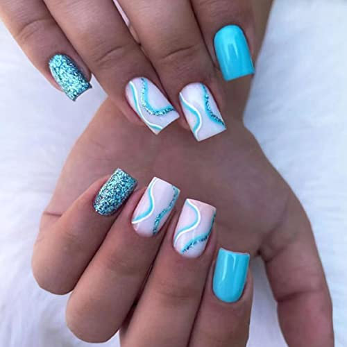 AKOFIC 24 Pièces Faux Ongles Français Court, Ballerine Faux Ongles avec Colle à Ongles, Press On Nails Faux Ongles à Coller Nail Art pour Femme et Fille (Paillettes Bleu Ondulation)