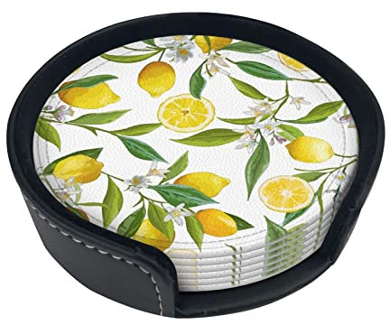 Dessous de Verre Jaune Citron pour Boissons, sous-Verre pour Table Basse, avec boîte de Rangement sous-Verres Ronds en Cuir Lot de 6